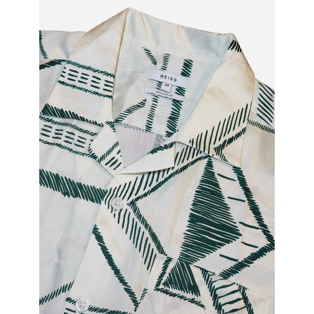 Reiss Mens M Regular Fit Shirt Short Sleeve Button Up Green White Geometric